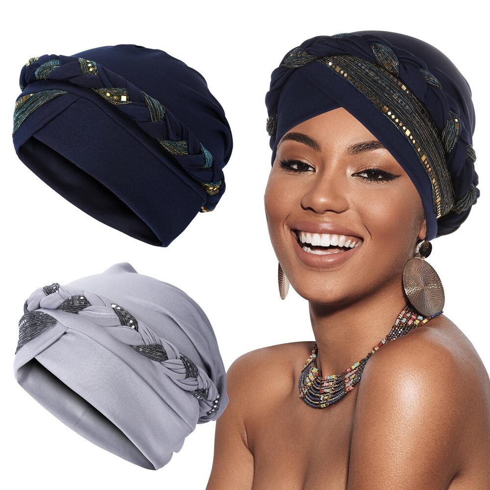 3051 2 Pieces Turbans , Pre-Tied Twisted Hat Braid Hair Covers, African